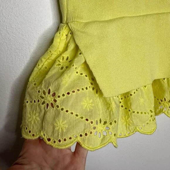 Anthropologie Eyelet Puff-Sleeve Sweater‎ Tee Peplum Size S Yellow Boho - Picture 3 of 10